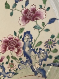 A Chinese famille rose dish and four plates with floral design, Qianlong