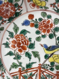 A pair of Chinese famille verte 'bird and peonies' plates, Kangxi