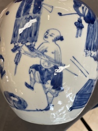 A rare Chinese blue and white 'figures' jar and cover, Kangxi mark, 19th C.