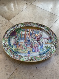 Two Chinese Canton famille rose dishes and a tazza, 19th C.