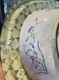 A large Chinese Canton enamel basin with garlands decorated with male heads, Qianlong
