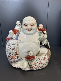 Three Chinese famille rose Buddhas, Zhu Mao Ji Zao 朱茂記造 mark, Republic
