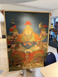 Chinese school: 'Portrait of a general with two servants', ink and colour on silk, Ming or later