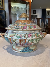 A Chinese Canton famille rose tureen and cover with narrative design, 19th C.