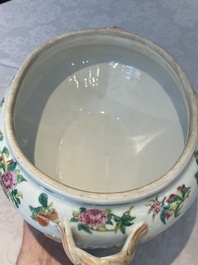 A Chinese Canton famille rose covered tureen on stand with flowers, fruits and insects, 19th C.