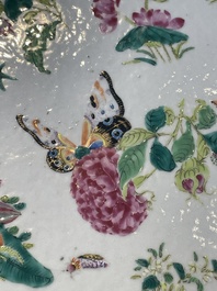 A Chinese Canton famille rose covered tureen on stand with flowers, fruits and insects, 19th C.