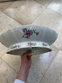 Two Chinese Canton famille rose dishes and a tazza, 19th C.
