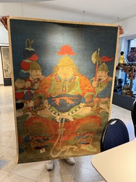 Chinese school: 'Portrait of a general with two servants', ink and colour on silk, Ming or later
