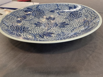 A pair of Chinese blue and white 'peony' dishes, Chenghua mark, 19th C.