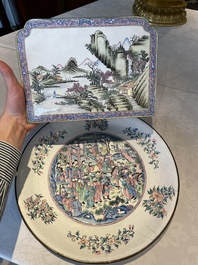 A Chinese Canton enamel plaque and large dish, Qianlong mark, 19th C.