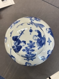 A rare Chinese blue and white 'figures' jar and cover, Kangxi mark, 19th C.