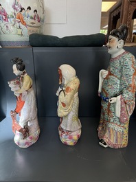 Three Chinese famille rose figures of deities, Deng Yifu 鄧義福 mark, 19th C.