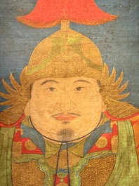 Chinese school: 'Portrait of a general with two servants', ink and colour on silk, Ming or later