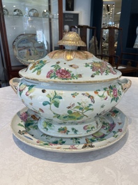 A Chinese Canton famille rose covered tureen on stand with flowers, fruits and insects, 19th C.