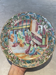Five Chinese Canton famille rose plates with narrative design, 19th C.