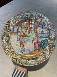 Five Chinese Canton famille rose plates with narrative design, 19th C.