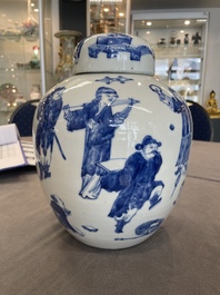 A rare Chinese blue and white 'figures' jar and cover, Kangxi mark, 19th C.