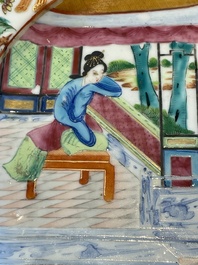 A Chinese Canton famille rose plate, a famille rose vase and a saucer, Qianlong and later