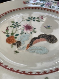 A Chinese famille rose dish and four plates with floral design, Qianlong