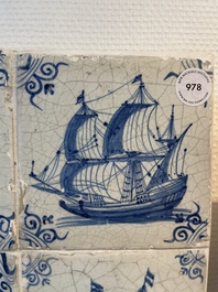 A fine set of 9 blue and white Dutch Delft tiles with ships, 17th C.