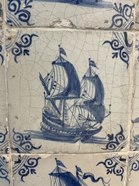 A fine set of 9 blue and white Dutch Delft tiles with ships, 17th C.