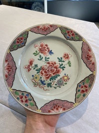 Two sets of six Chinese famille rose plates with peonies, Yongzheng/Qianlong