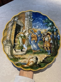 An Italian maiolica 'Istoriato' crespina with The Visitation of Mary to Elizabeth, workshop of Maestro Domenego, Venice, ca. 1570
