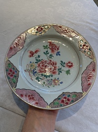 Two sets of six Chinese famille rose plates with peonies, Yongzheng/Qianlong