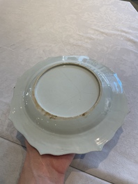 Two sets of six Chinese famille rose plates with peonies, Yongzheng/Qianlong