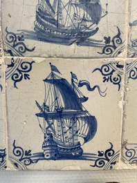 A fine set of 9 blue and white Dutch Delft tiles with ships, 17th C.