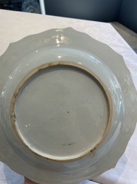 Two sets of six Chinese famille rose plates with peonies, Yongzheng/Qianlong