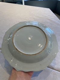 Two sets of six Chinese famille rose plates with peonies, Yongzheng/Qianlong