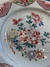 Two sets of six Chinese famille rose plates with peonies, Yongzheng/Qianlong