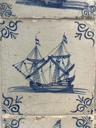 A fine set of 9 blue and white Dutch Delft tiles with ships, 17th C.