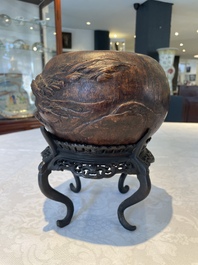 A Chinese agarwood brush washer with landscape relief design on wooden stand, 17/18th C.
