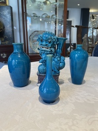 Three Chinese turquoise-glazed vases and a turquoise and aubergine-glazed Buddhist lion, Kangxi