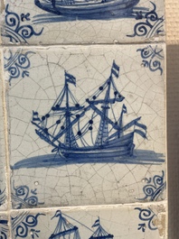 A fine set of 9 blue and white Dutch Delft tiles with ships, 17th C.
