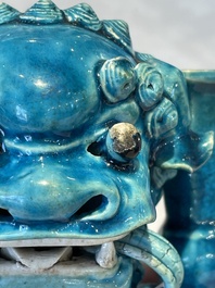 Three Chinese turquoise-glazed vases and a turquoise and aubergine-glazed Buddhist lion, Kangxi