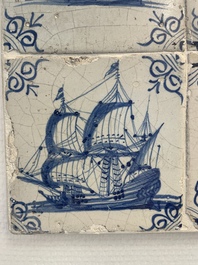 A fine set of 9 blue and white Dutch Delft tiles with ships, 17th C.