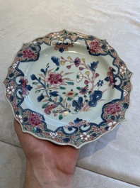 Two sets of six Chinese famille rose plates with peonies, Yongzheng/Qianlong