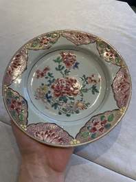 Two sets of six Chinese famille rose plates with peonies, Yongzheng/Qianlong