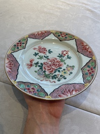 Two sets of six Chinese famille rose plates with peonies, Yongzheng/Qianlong