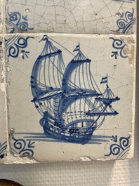 A fine set of 9 blue and white Dutch Delft tiles with ships, 17th C.