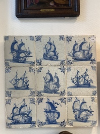 A fine set of 9 blue and white Dutch Delft tiles with ships, 17th C.