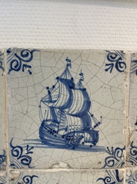 A fine set of 9 blue and white Dutch Delft tiles with ships, 17th C.
