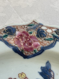 Two sets of six Chinese famille rose plates with peonies, Yongzheng/Qianlong