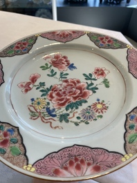 Two sets of six Chinese famille rose plates with peonies, Yongzheng/Qianlong