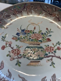 Four Chinese famille rose 'flower basket' plates, Qianlong