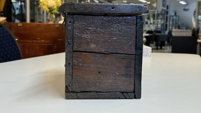 A Gothic wrought iron-mounted oak chest, probably France, 14/15th C.