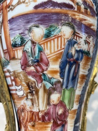 A pair of Chinese Canton famille rose 'mandarin subject' vases with gilt bronze mounts, Qianlong